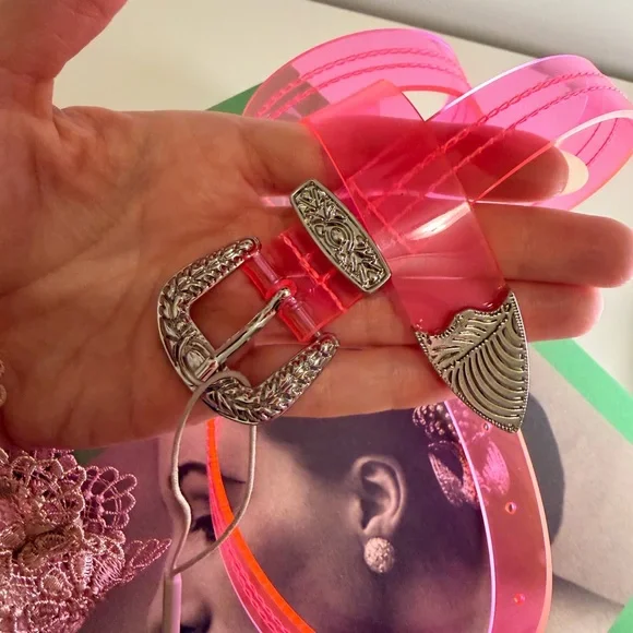 Tibi Neon Western PVC Pink Belt with Silver Accents